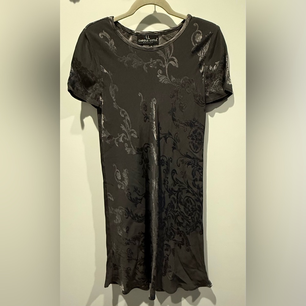 Carole Little Black Jacquard Midi Dress with Subtle Floral Motif